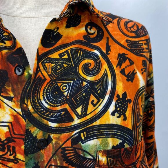 Vintage 90s Y2K Woman Blouse Medium Button Up Orange Boho Peasant Tribal Novelty - Picture 6 of 16